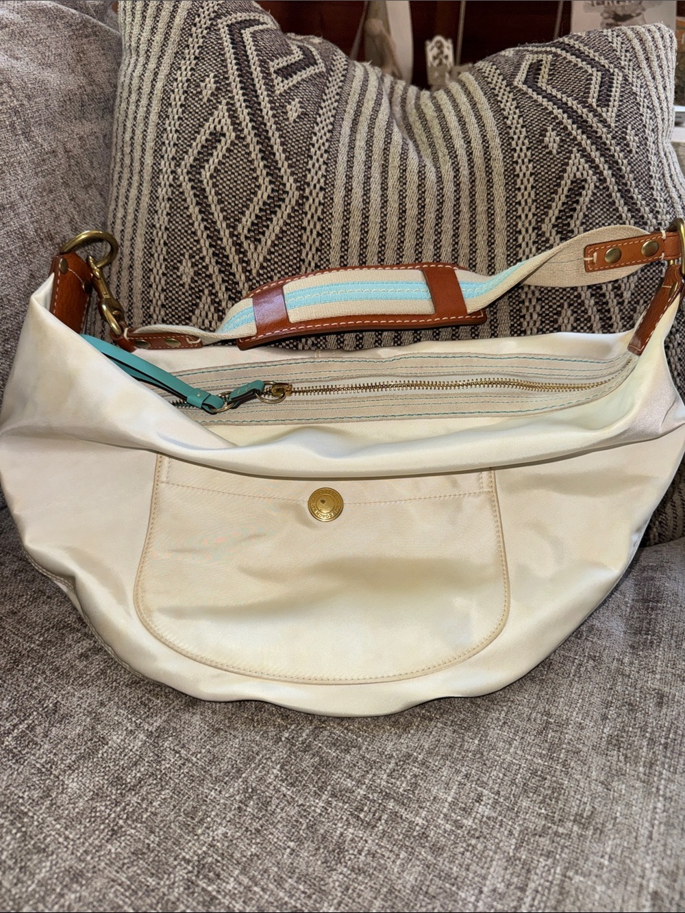 Coach Y2K Cream Shoulder Bag with Blue-Striped Strap